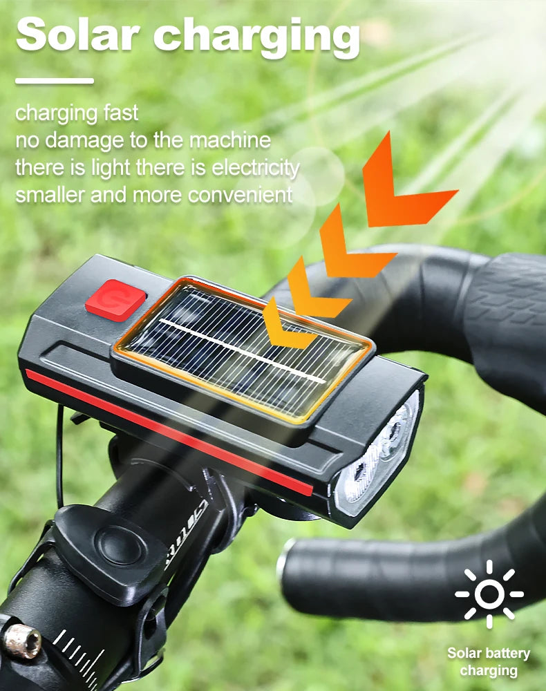 Solar Bicycle Light with Horn 120dB TYPE-C Rechargeable MTB Road Bike Front Lamp Flashlight Bicycle Light 1200 mah