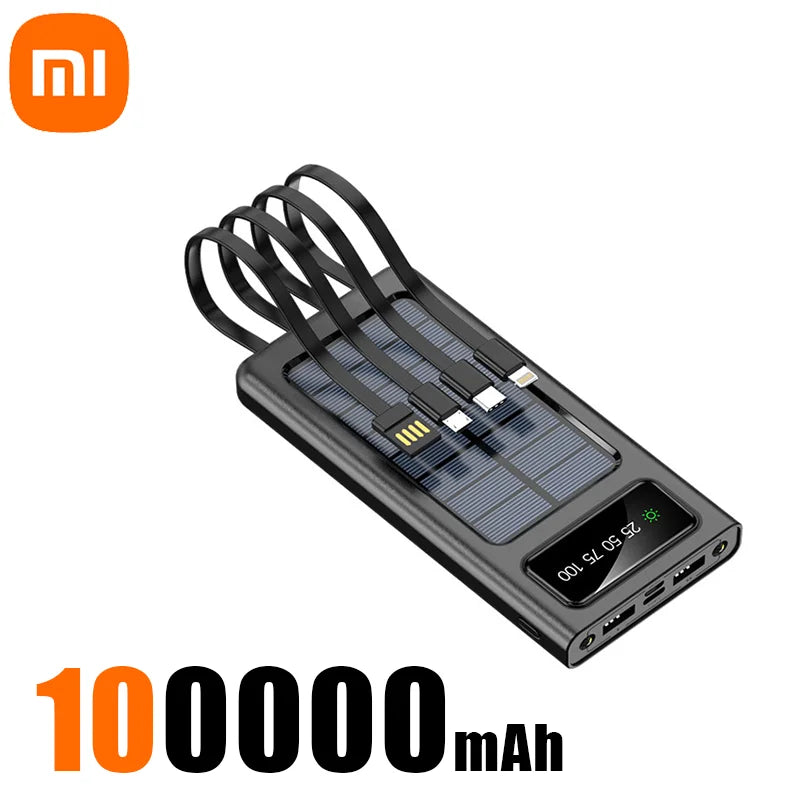 Xiaomi Solar Power Bank – 200,000mAh Large Capacity, Fast Charging, Dual USB with 4 Cables for iPhone & Samsung