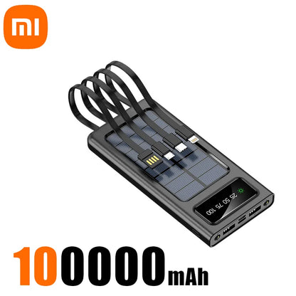 Xiaomi Solar Power Bank – 200,000mAh Large Capacity, Fast Charging, Dual USB with 4 Cables for iPhone & Samsung