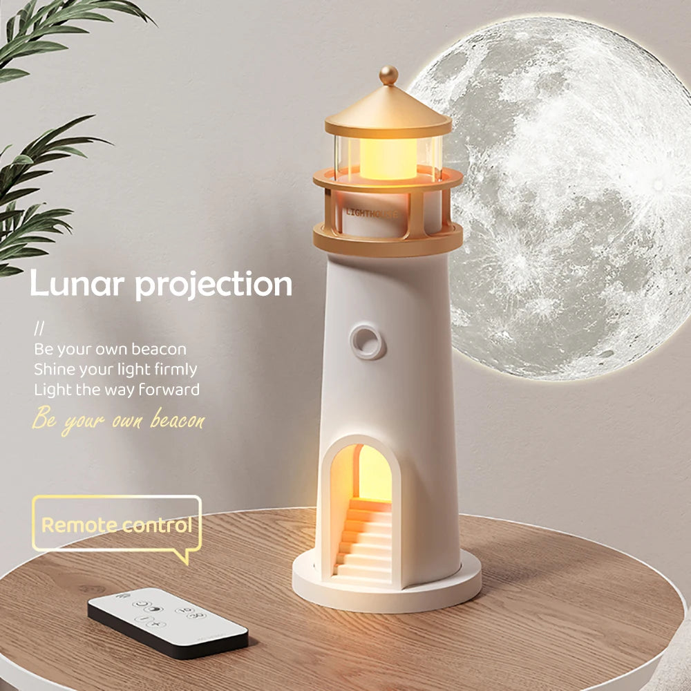 Lighthouse Moon Projection Night Light – Dimmable Bluetooth Ambient Lamp with Motion Sensor, Desktop Decor & Perfect Gift