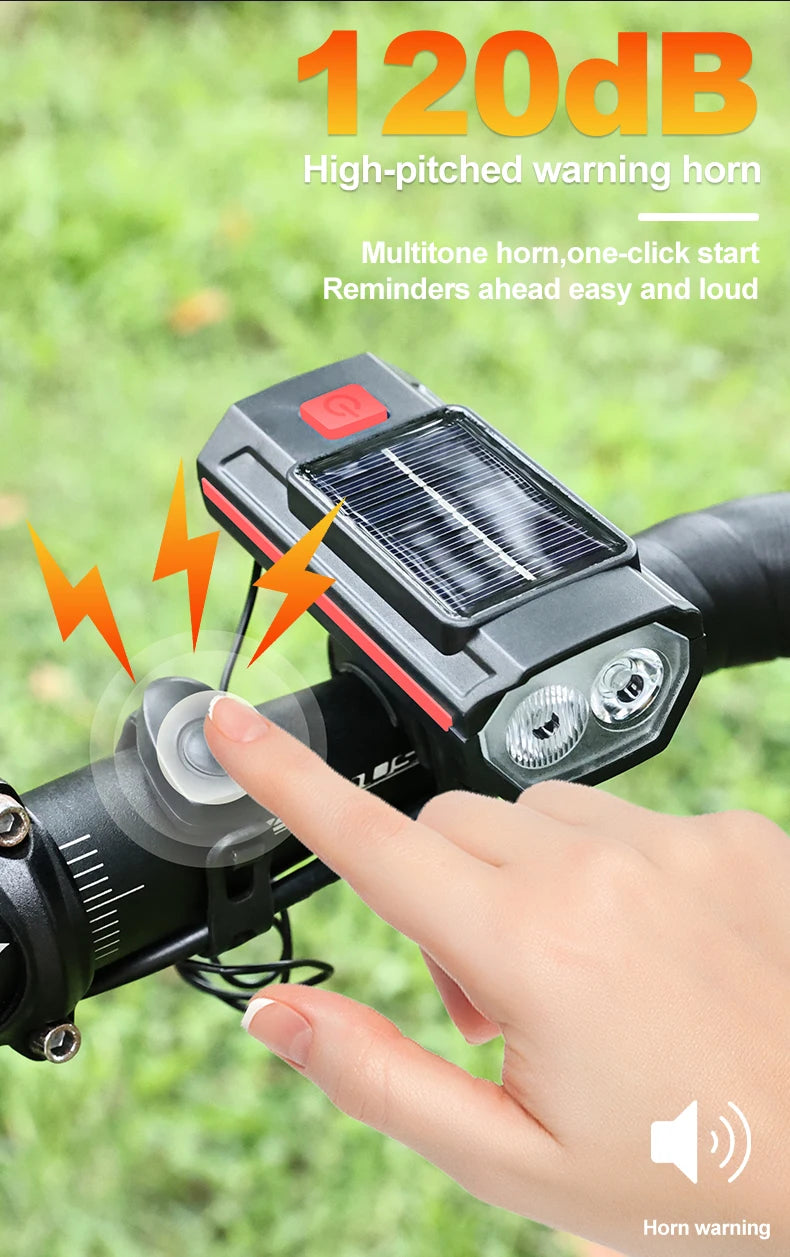 Solar Bicycle Light with Horn 120dB TYPE-C Rechargeable MTB Road Bike Front Lamp Flashlight Bicycle Light 1200 mah