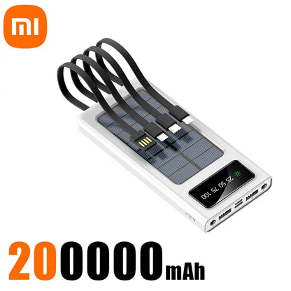 Xiaomi Solar Power Bank – 200,000mAh Large Capacity, Fast Charging, Dual USB with 4 Cables for iPhone & Samsung