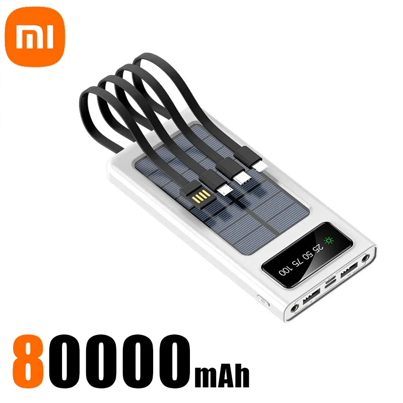 Xiaomi Solar Power Bank – 200,000mAh Large Capacity, Fast Charging, Dual USB with 4 Cables for iPhone & Samsung