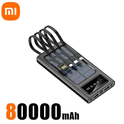 Xiaomi Solar Power Bank – 200,000mAh Large Capacity, Fast Charging, Dual USB with 4 Cables for iPhone & Samsung