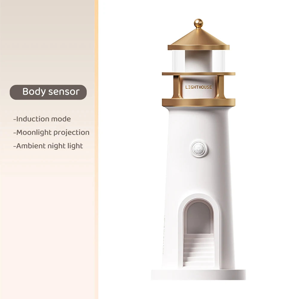 Lighthouse Moon Projection Night Light – Dimmable Bluetooth Ambient Lamp with Motion Sensor, Desktop Decor & Perfect Gift