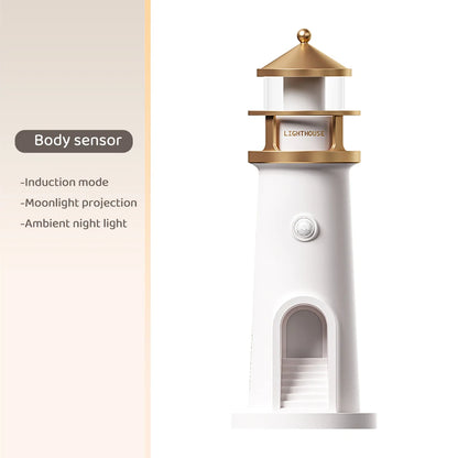 Lighthouse Moon Projection Night Light – Dimmable Bluetooth Ambient Lamp with Motion Sensor, Desktop Decor & Perfect Gift