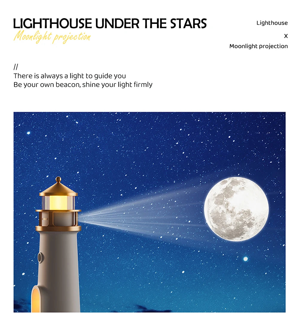 Lighthouse Moon Projection Night Light – Dimmable Bluetooth Ambient Lamp with Motion Sensor, Desktop Decor & Perfect Gift