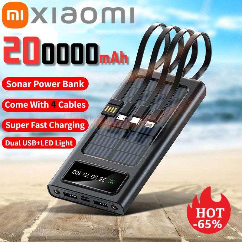 Xiaomi Solar Power Bank – 200,000mAh Large Capacity, Fast Charging, Dual USB with 4 Cables for iPhone & Samsung