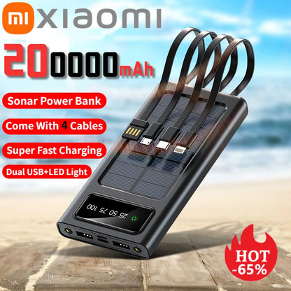 Xiaomi Solar Power Bank – 200,000mAh Large Capacity, Fast Charging, Dual USB with 4 Cables for iPhone & Samsung