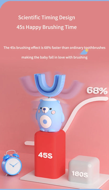 360° Sonic U-Shape Electric Toothbrush for Kids – Rechargeable, Automatic Silicone Brush with Smart Timer & Blue Light (IPX7)