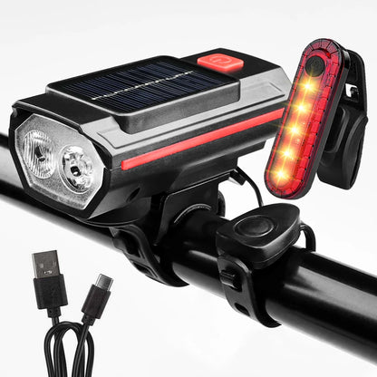 Solar Bicycle Light with Horn 120dB TYPE-C Rechargeable MTB Road Bike Front Lamp Flashlight Bicycle Light 1200 mah