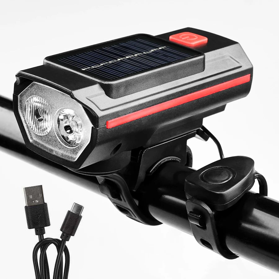 Solar Bicycle Light with Horn 120dB TYPE-C Rechargeable MTB Road Bike Front Lamp Flashlight Bicycle Light 1200 mah