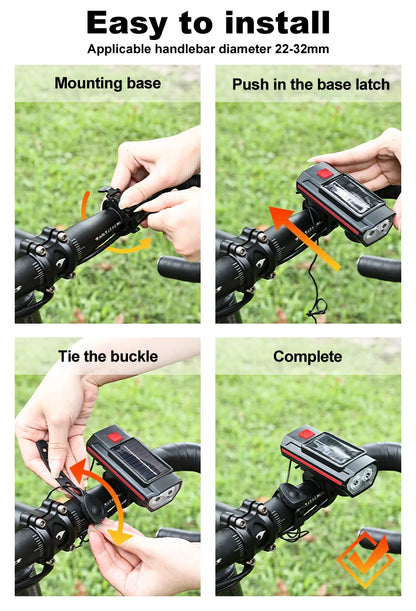 Solar Bicycle Light with Horn 120dB TYPE-C Rechargeable MTB Road Bike Front Lamp Flashlight Bicycle Light 1200 mah