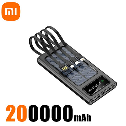 Xiaomi Solar Power Bank – 200,000mAh Large Capacity, Fast Charging, Dual USB with 4 Cables for iPhone & Samsung