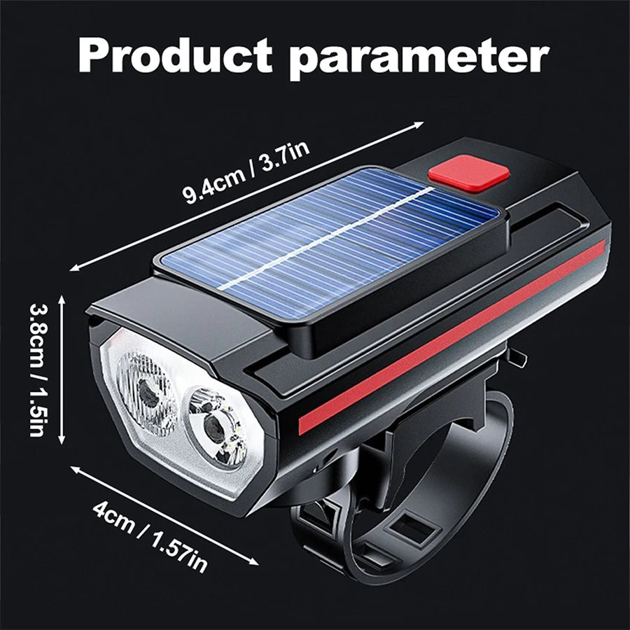 Solar Bicycle Light with Horn 120dB TYPE-C Rechargeable MTB Road Bike Front Lamp Flashlight Bicycle Light 1200 mah