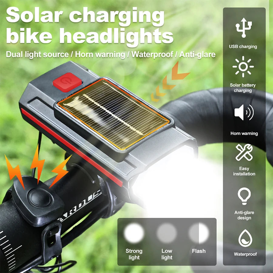 Solar Bicycle Light with Horn 120dB TYPE-C Rechargeable MTB Road Bike Front Lamp Flashlight Bicycle Light 1200 mah