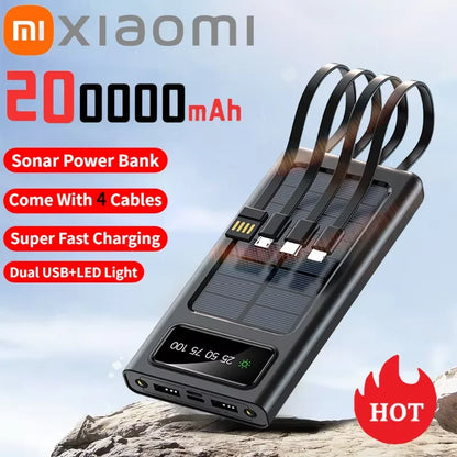 Xiaomi Solar Power Bank – 200,000mAh Large Capacity, Fast Charging, Dual USB with 4 Cables for iPhone & Samsung