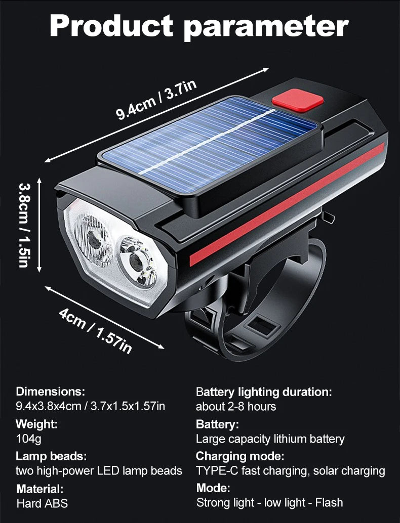 Solar Bicycle Light with Horn 120dB TYPE-C Rechargeable MTB Road Bike Front Lamp Flashlight Bicycle Light 1200 mah