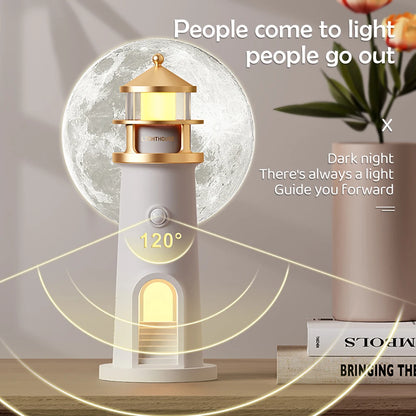 Lighthouse Moon Projection Night Light – Dimmable Bluetooth Ambient Lamp with Motion Sensor, Desktop Decor & Perfect Gift