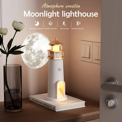 Lighthouse Moon Projection Night Light – Dimmable Bluetooth Ambient Lamp with Motion Sensor, Desktop Decor & Perfect Gift