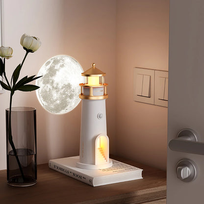 Lighthouse Moon Projection Night Light – Dimmable Bluetooth Ambient Lamp with Motion Sensor, Desktop Decor & Perfect Gift