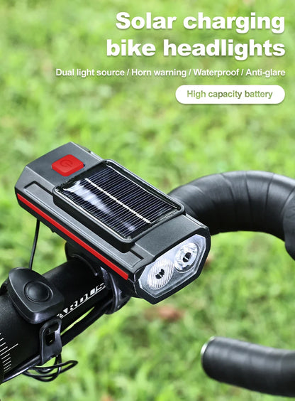 Solar Bicycle Light with Horn 120dB TYPE-C Rechargeable MTB Road Bike Front Lamp Flashlight Bicycle Light 1200 mah