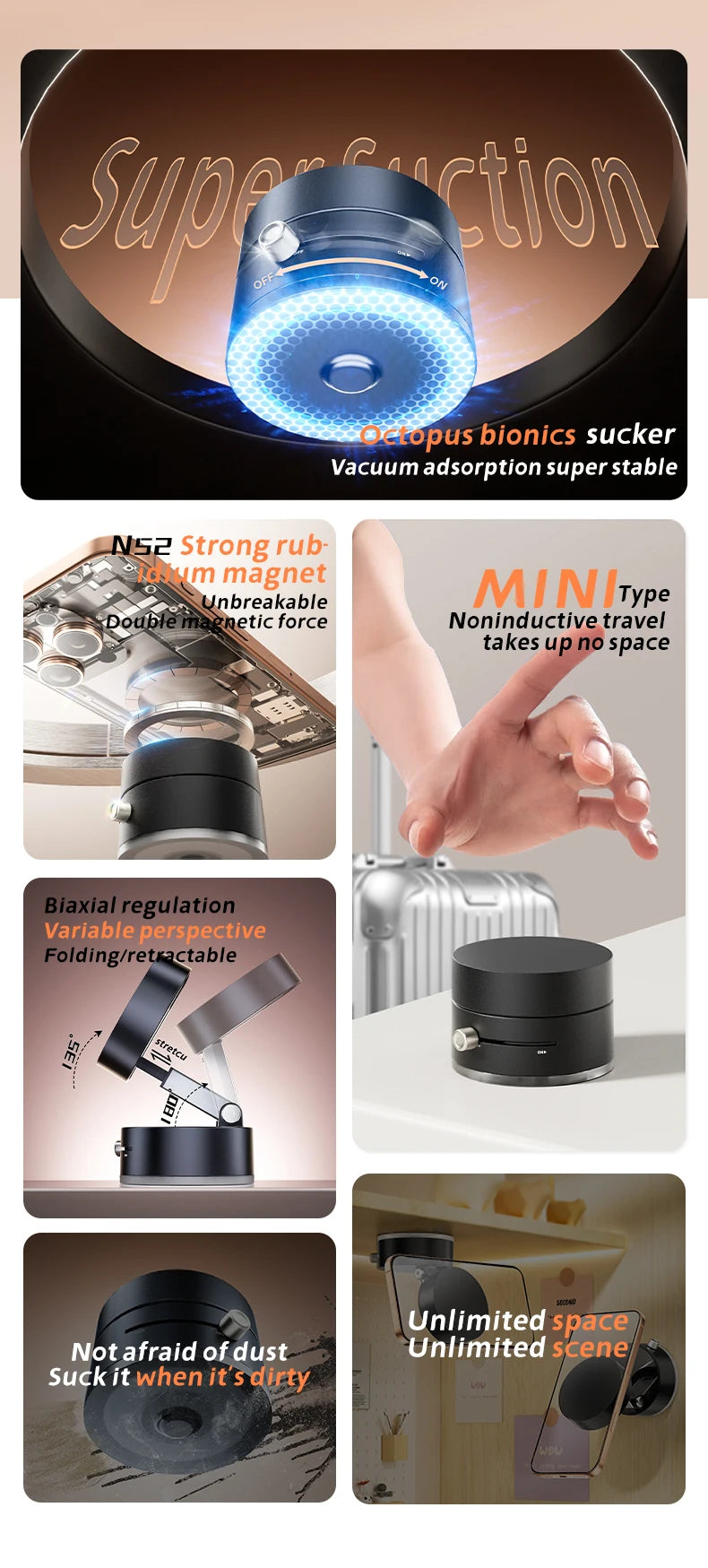 Mini Vacuum Magnetic Phone Holder | Double-Sided Suction, Foldable Stand for iPhone & Android