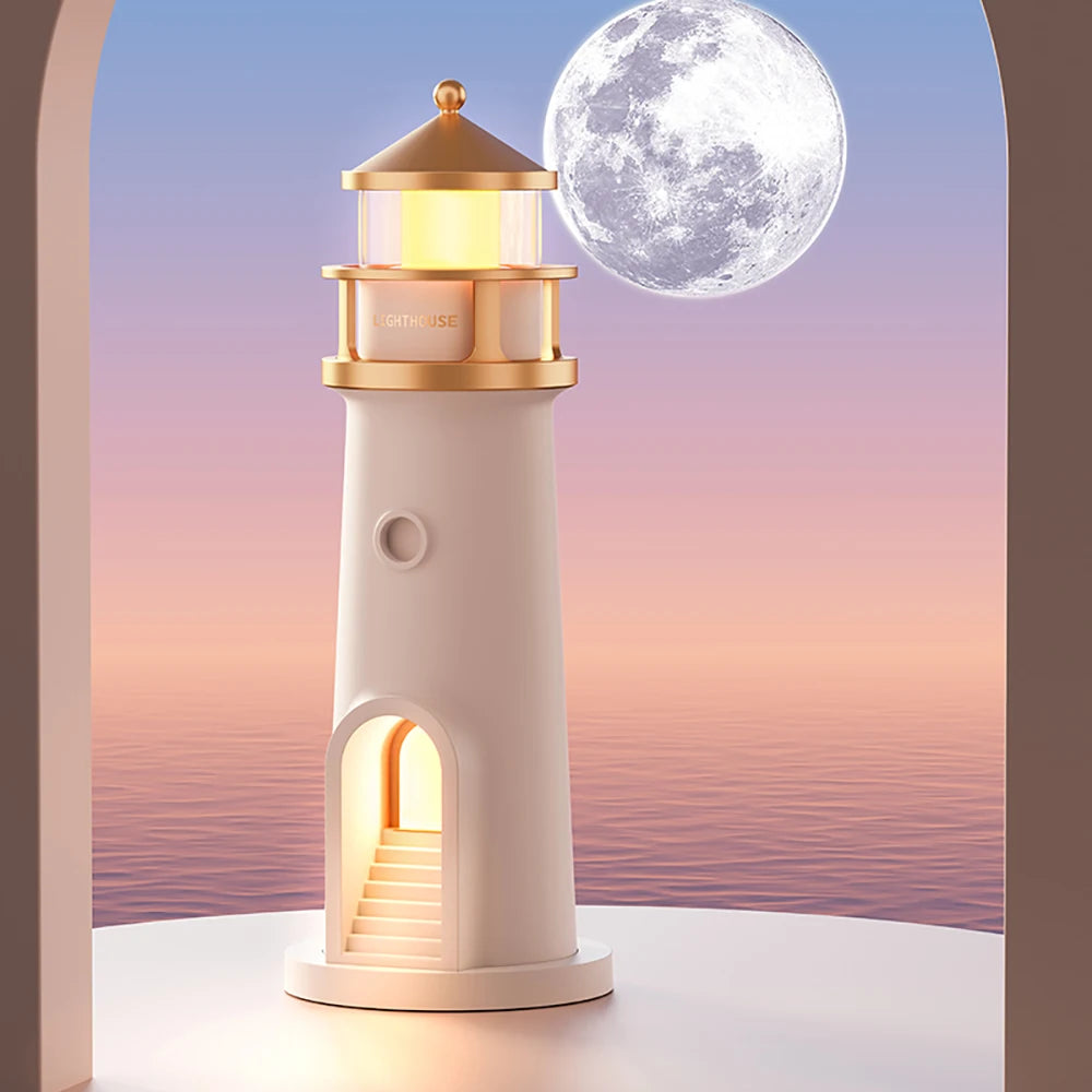 Lighthouse Moon Projection Night Light – Dimmable Bluetooth Ambient Lamp with Motion Sensor, Desktop Decor & Perfect Gift