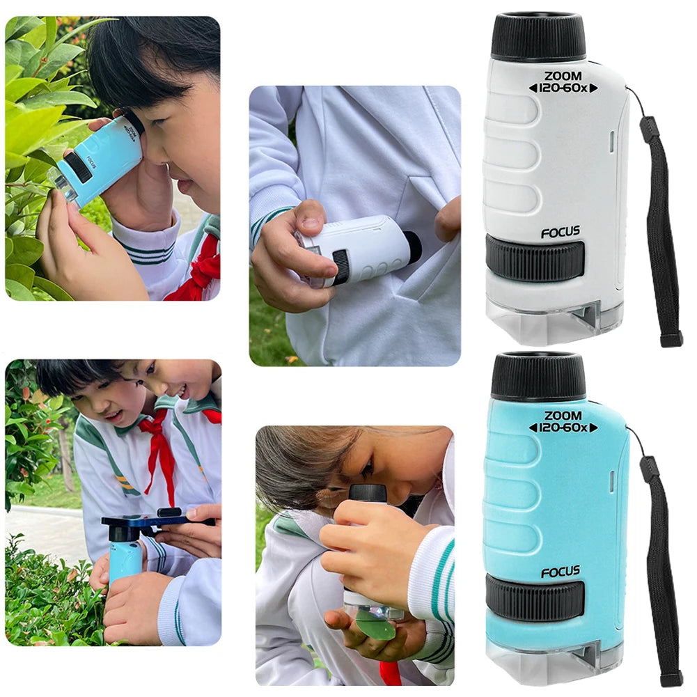 Educational 60-120x LED Handheld Microscope - Battery Powered Toy for Kids, Outdoor Gift